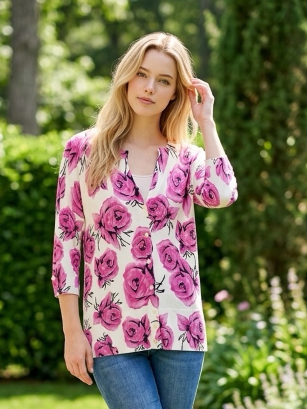 Cyrus Womens Spring Pink Rose Floral Tunic Top Size Small 3/4 Sleeve Blouse